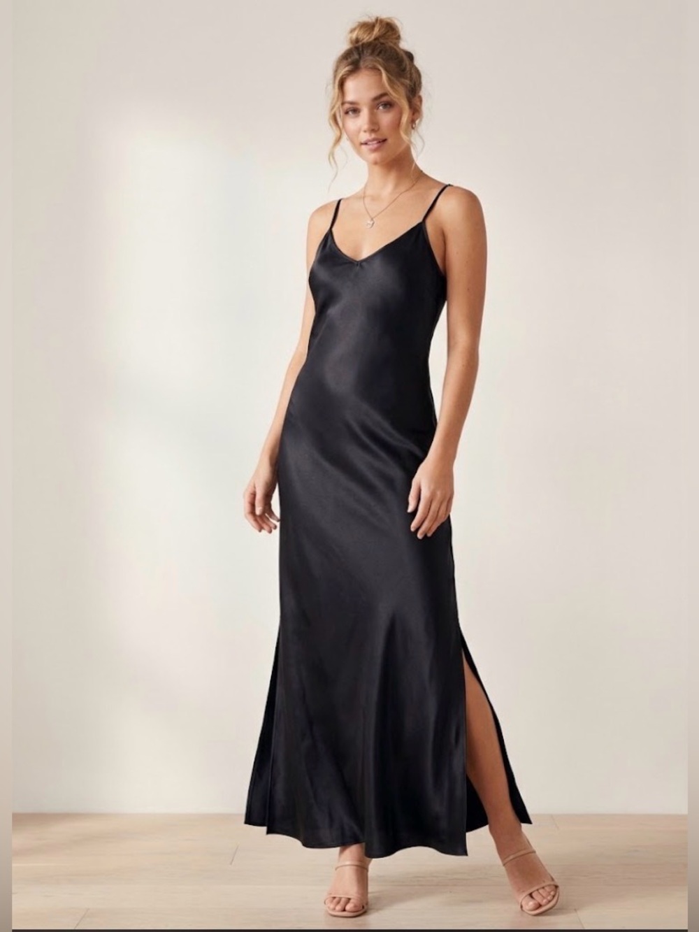 ELAN Black Spaghetti Strap Satin Slip Dress - Small